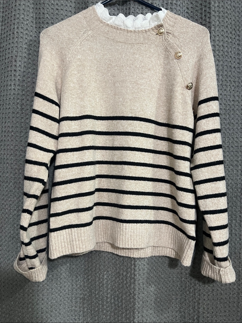 SHEIN Beige and Black Striped Button-Shoulder Sweater